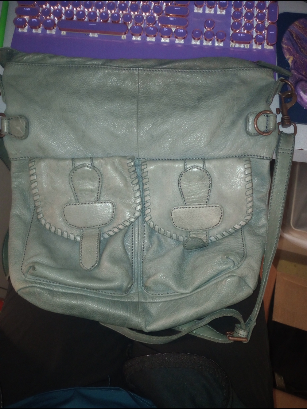 Liebeskind Light Green Leather Crossbody Bag with Front Flap Pockets